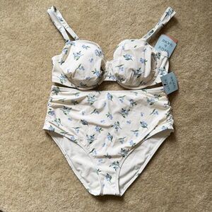 Shade & Shore Cream Bikini Set with Blue Floral Print 38DD bra and Large buttom